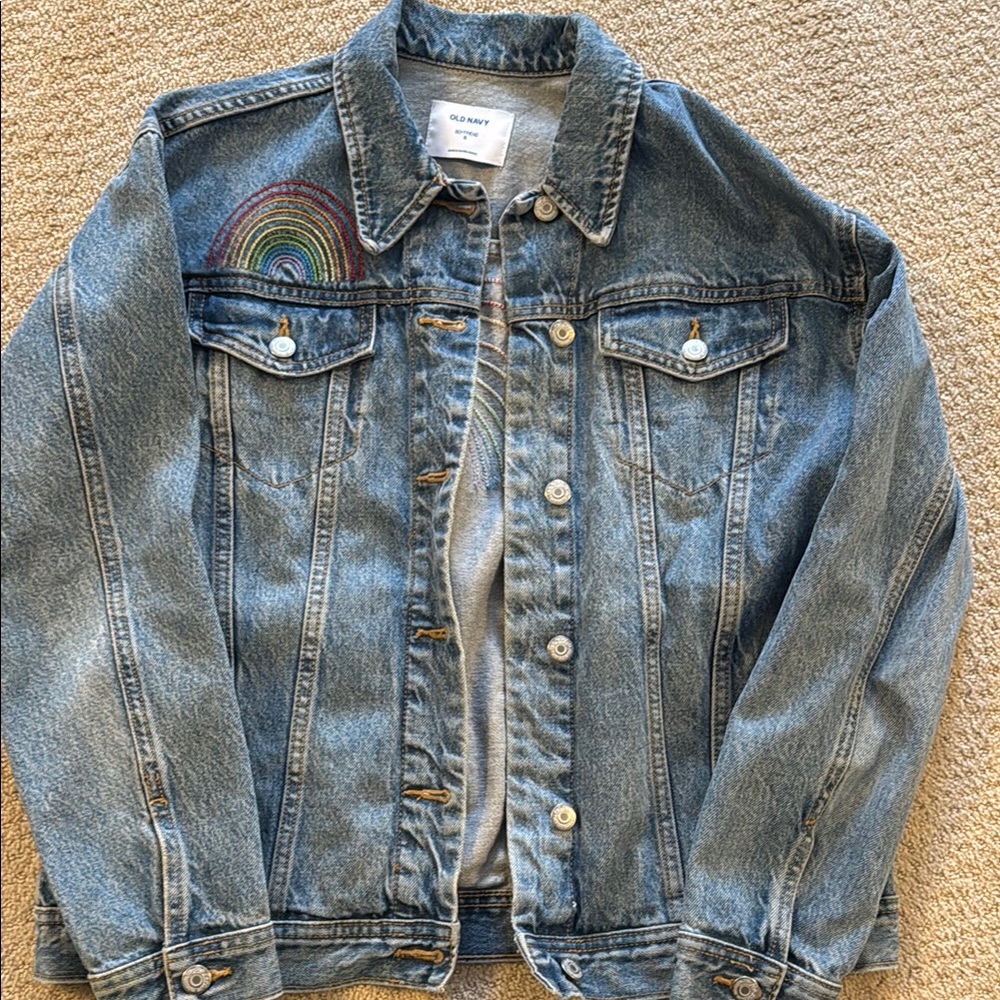 Denim Jacket with Rainbow Embroidery